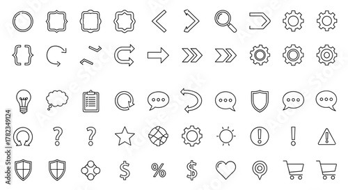 Collection of Outline Icons: Brackets, Arrows, Gears, Lightbulb, Speech Bubbles, Shields, Shopping Carts, and More. Editable Stroke Vector Graphics Perfect for Infographics, Articles, Books, Flyers