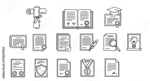 Collection of diploma and certificate icons, drawn with thin line style, suitable for apps, websites, banners, infographics, and various design projects. Includes graduation cap, scroll, open book