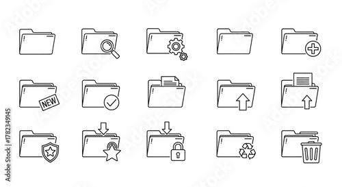 Collection of computer folder line icons, representing various functions like search, settings, new item, upload, download, security, recycling, and trash bin, perfect for graphic design, web