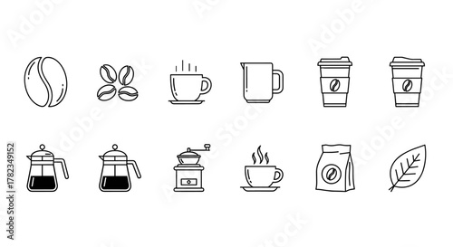 Collection of line icons representing coffee elements, including a single coffee bean, multiple beans, a steaming cup, a pitcher, disposable cups, a French press, a coffee grinder, a bag of coffee