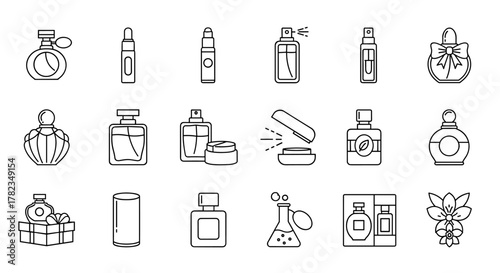 Collection of minimalistic linear icons representing various perfume bottles and related items, perfect for web, graphic design, apps, banners, social networks, and cards. This vector set includes