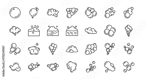 Collection of linear symbols representing bubbles and foam, drawn with thin lines on a white background. This ordered set of vector cartoon illustrations features various arrangements of bubbles and