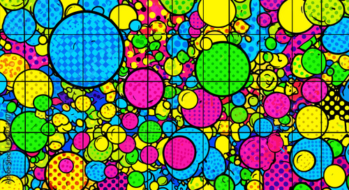 Vibrant and energetic abstract vector background featuring a playful arrangement of colorful circles in various sizes and patterns, including dots and a subtle grid overlay, evoking a comic book