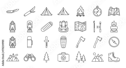 Collection of Camping and Outdoor Adventure Line Icons, featuring essential gear like folding knives, tents, lanterns, sleeping bags, backpacks, maps, compasses, axes, binoculars, first aid kit, and