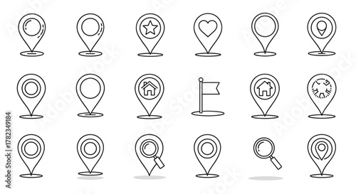 Collection of minimalistic linear map pin icons for web and graphic design, apps, banners, social networks, and cards. This set features a variety of location markers including simple pins, pins with