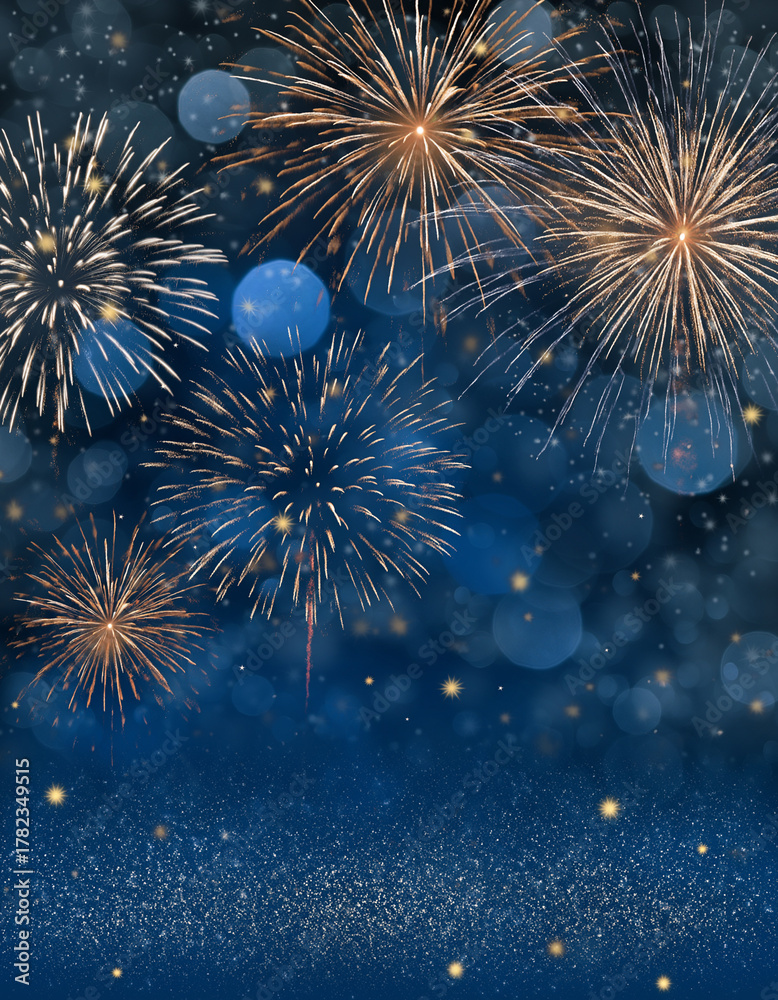 Naklejka premium Gold and blue Fireworks and bokeh in New Year eve and copy space. Abstract background holiday.