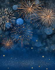 Gold and blue Fireworks and bokeh in New Year eve and copy space. Abstract background holiday.
