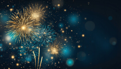 Gold and blue Fireworks and bokeh in New Year eve and copy space. Abstract background holiday.
