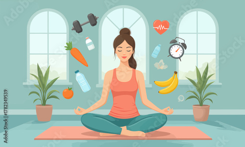 Woman meditating in lotus pose surrounded by healthy lifestyle icons in flat colorful style