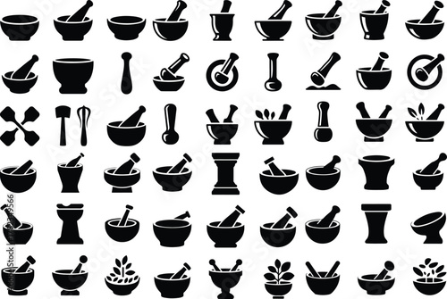 Pestle Icon Set – Traditional Kitchen Tool Silhouette Collection Mortar and Pestle Icons – Herbal and Cooking Equipment Vector Set