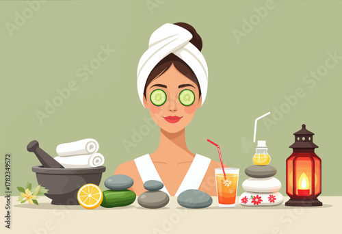 Woman with cucumber eye masks in spa setting, flat colorful vector illustration