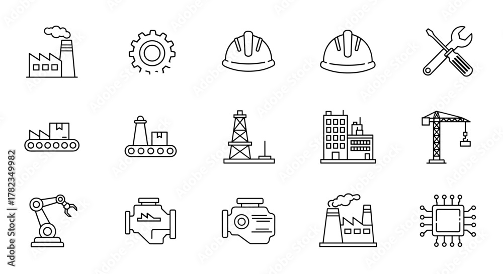 Naklejka premium Industrial line icon set featuring production, manufacturing, construction, engineering, industrial machinery, engines, factories, and technology, perfect for modern business and industry