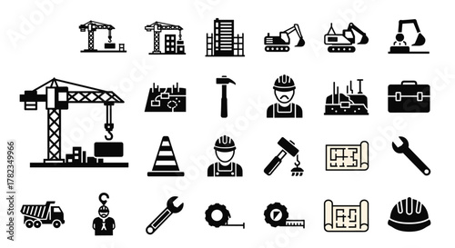 Comprehensive Set of Construction and Building Icons: Featuring Cranes, Skyscrapers, Excavators, Tools, Workers, Blueprints, and More for Industry and Architecture Projects. This Iconography Captures