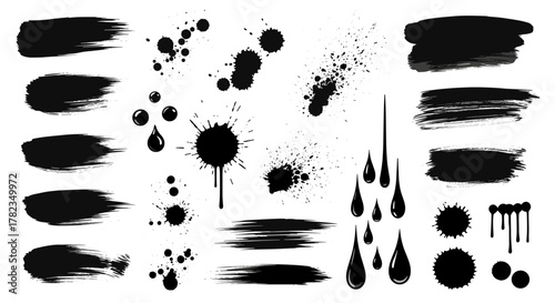 Collection of black ink splatters, paint droplets, and brush strokes isolated on a white background, digitally generated vector design elements, perfect for graphic resources and creative projects.