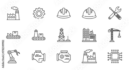 Industrial line icon set featuring production, manufacturing, construction, engineering, industrial machinery, engines, factories, and technology, perfect for modern business and industry