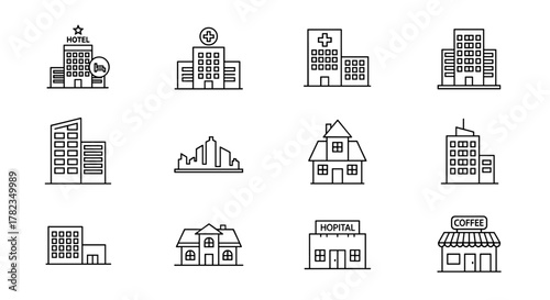 Collection of clean line art vector icons representing various buildings and urban structures, including a hotel, hospital, apartment complex, city skyline, townhouses, mall, and coffee shop, perfect