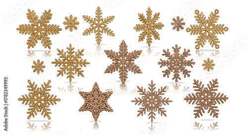 A collection of realistic 3D gold and bronze snowflakes, isolated on a clean white background, perfect for Merry Christmas decorations and festive winter holiday designs. This golden Xmas vector