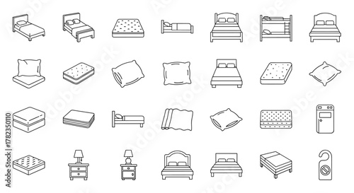 Collection of thin line icons representing beds, mattresses, pillows, and nightstands, perfect for web, books, cards, and apps. This editable stroke vector cartoon illustration set on a white