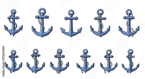 Collection of ten blue nautical anchors, each with a rope, presented in two rows on a clean white background, perfect for marine-themed graphic design and maritime concepts.