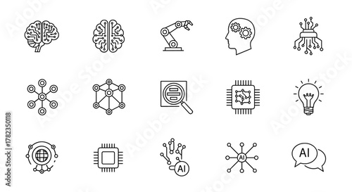 Set of Artificial Intelligence icons in a linear style, perfect for mobile concepts and web design, featuring brains, robotic arms, gears, circuits, chips, lightbulbs, and network nodes, symbolizing