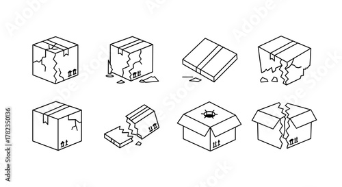 Set of minimalistic line art icons and pictograms representing broken cardboard boxes in various states of damage, ideal for web design, graphic design, app interfaces, banners, social networks
