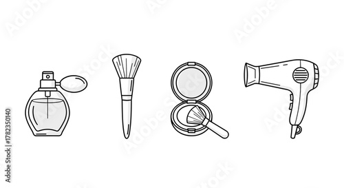 Simple Linear Illustration of Beauty Essentials: A Collection of Icons Featuring a Perfume Bottle with Atomizer, a Makeup Brush, Compact Powder with Applicator, and a Hair Dryer, Ideal for Graphic