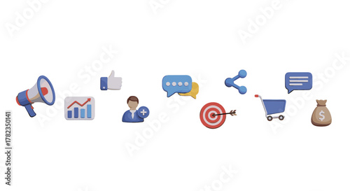 3D social media marketing concept banner with a white background, featuring a set of ordered line icons including a megaphone, bar chart, thumbs up, user with plus sign, chat bubbles, share icon
