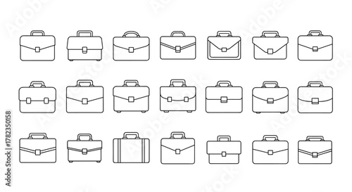 Collection of simple linear outline illustrations of briefcases, perfect for web sites, books, cards, and apps. This vector cartoon illustration features editable stroke and a white background