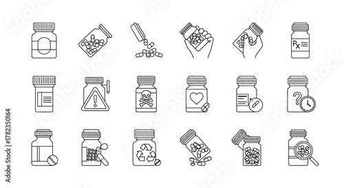 Set of line icons representing various aspects of medication and pills, including prescription bottles, warning symbols, recycling icons, and examination tools, perfect for healthcare and
