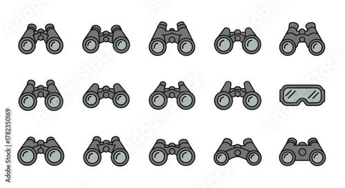 Modern outline style icons of binoculars and goggles, presented in a clean, organized set on a white background, perfect for graphic design, cards, apps, and social networks, offering a versatile
