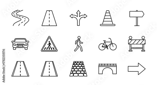Collection of road and path related line icons, including traffic cones, directional signs, car, pedestrian crossing, bicycle, and bridge, presented in a clean outline style suitable for graphic and