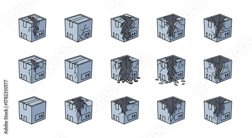Collection of fifteen isometric cartoon illustrations of broken cardboard boxes, depicting various stages of damage from minor cracks to complete structural failure, presented on a clean white