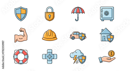 Vivid collection of insurance and defense line icons, featuring editable strokes. Perfect for graphic designs, books, advertisements, and app development. This vector cartoon illustration set offers