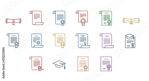 Set of colorful minimalistic linear pictograms representing diplomas, certificates, and graduation caps, ideal for web design, graphic design, apps, banners, social networks, and cards, symbolizing
