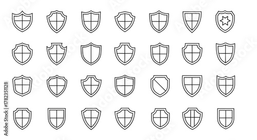 Collection of thin line art shield icons, perfect for web, books, cards, and apps. This vector cartoon illustration features editable strokes on a clean white background, offering a versatile set of