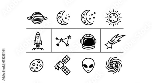 A comprehensive set of cosmos-related line icons, featuring a detailed planet with rings, a radiant sun, crescent moons, a launching rocket, a constellation, an astronaut's helmet, a shooting star, a