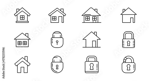 Collection of stylized line art icons representing houses and padlocks, symbolizing security, safety, and real estate concepts, perfect for digital applications, websites, and graphic design projects