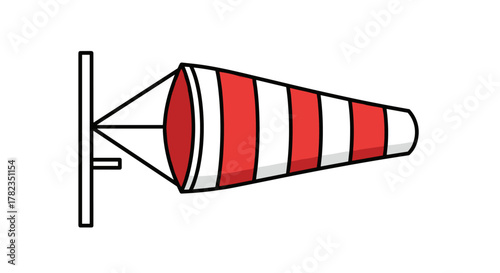Simple linear windsock icon, a visual indicator of wind direction and speed, commonly used in weather applications and aviation for safety and navigation. This graphic features bold red and white