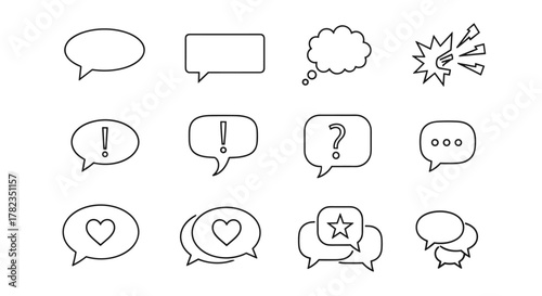 A collection of minimalistic, linear speech bubble icons for web and graphic design, featuring various shapes and symbols like hearts, stars, question marks, exclamation points, and ellipses, perfect