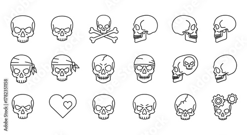 Collection of outline skull line icons, featuring various styles including pirate skulls, cracked skulls, and skulls with gears, presented as cartoon illustrations for graphic and web design, apps