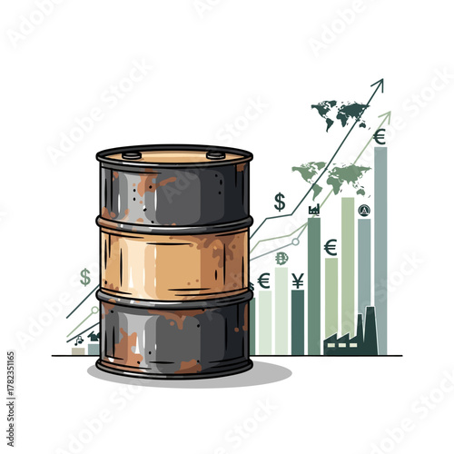 Illustration of the global oil market showing rising prices with a crude barrel and a financial growth chart with currency symbols