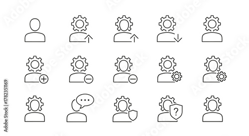 Set of user profile icons with gear and cogwheel elements, representing settings, management, and user interface functions. Includes icons for adding, removing, uploading, downloading, and securing