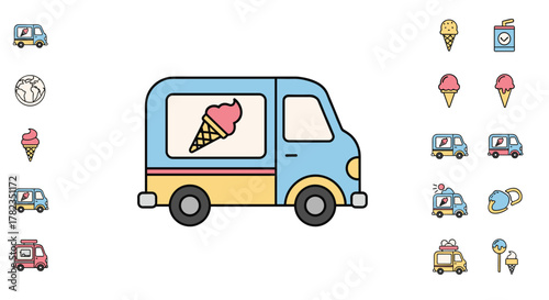 Vibrant and playful cartoon illustration of a light blue and yellow ice cream van, featuring a pink ice cream cone graphic on its side, set against a clean white background. This minimalistic symbol