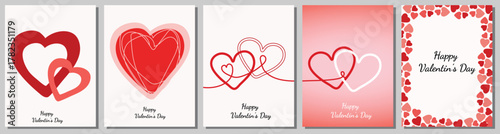 Collection of five elegant valentine's day cards featuring diverse red and pink heart designs on white backgrounds, ideal for expressing love.