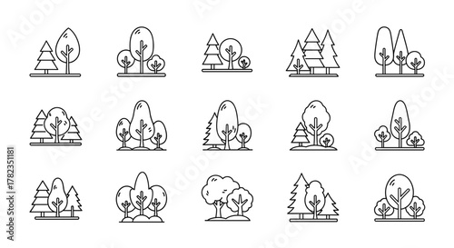 Collection of stylized outline icons representing various trees, including coniferous and deciduous types, arranged in forest-like compositions, perfect for graphic and web design, app interfaces