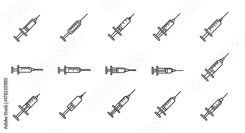 Collection of 15 diverse syringe icons and symbols, presented in a clean, minimalist line art style on a white background, perfect for medical, scientific, and healthcare applications, offering