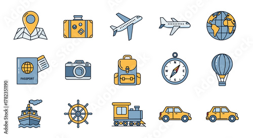 Vibrant flat line icon set for travel and tourism, featuring a map with a location pin, suitcase, airplanes, globe, passport, camera, backpack, compass, hot air balloon, ship, ship's wheel, train