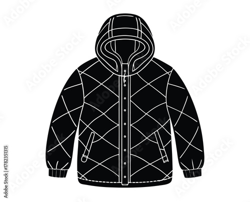Quilted Puffer Jacket with Hood Isolated on White Background Vector Illustration