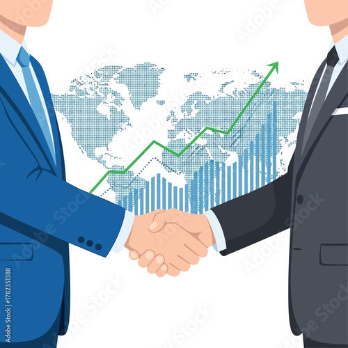 Business handshake illustration with a world map and financial growth chart