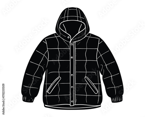 Black and white illustration of a warm hooded puffer jacket